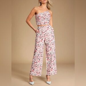 Bloom into Spring Blush Floral Jacquard Wide-Leg Pants and One shoulder top set